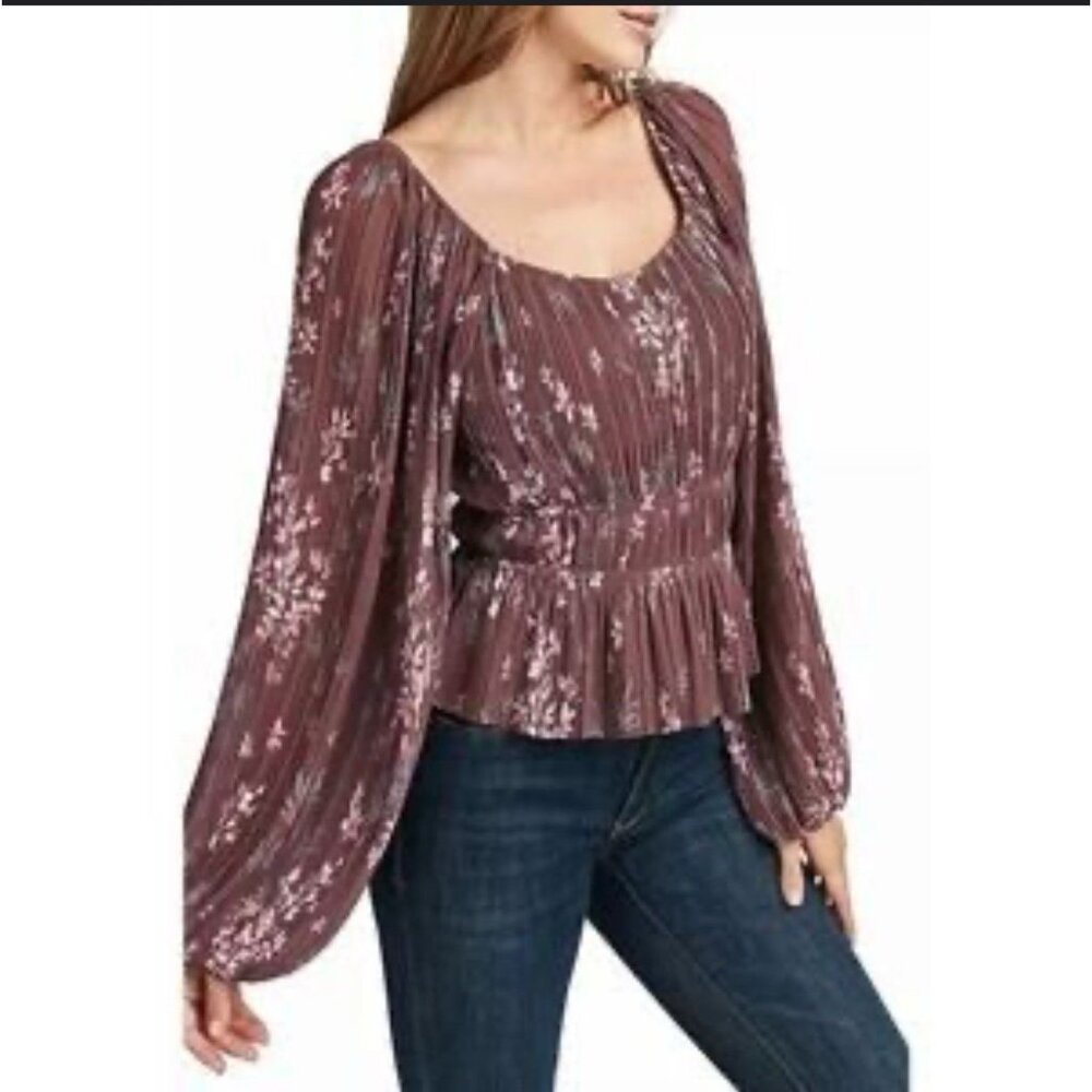 Les Serein Blouse Size XL Pleated Floral PinkBrown Fairy Whimsical Peasant BOHO
